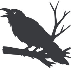 Raven on Branch Silhouette Wildlife Vector Illustration