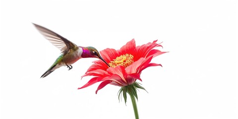 A vibrant red columbine flower being visited by a ruby-throated hummingbird in mid-dive, highlighting natural interactions