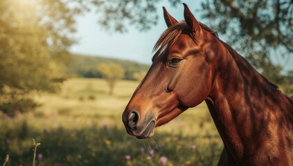 Detailed view of a chestnut horse's face highlighting its mane and facial structure, ideal for editorial header backgrounds