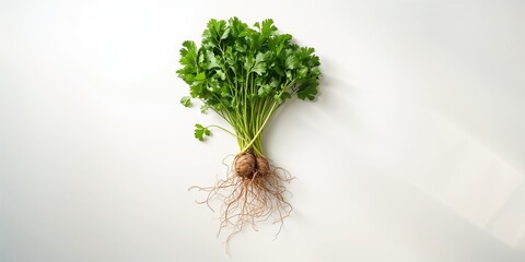 Fototapeta premium Fresh cilantro with roots and leaves set against a plain surface, ideal for ingredient identification or cooking tutorial background