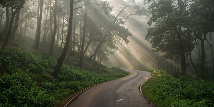 Nelliyampathy's foggy morning scene, atmospheric conditions affecting visibility and outdoor atmosphere