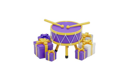 Digital 3D Illustration Of A Purple And Yellow Drum Surrounded By Gift Boxes With Yellow Ribbons On A Transparent Background