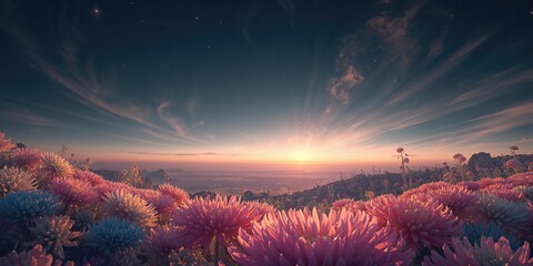 Vivid flowers on an exoplanet surface, alien flora diversity, Earth Day