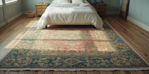 Faded and well-used bedroom rug showing signs of frequent foot traffic, ideal for interior design layouts