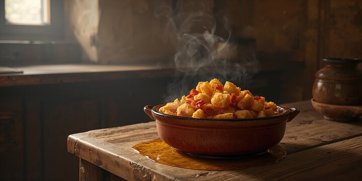 Traditional Castilian Migas prepared with fried bread, chorizo, and bacon in a clay cazuela, regional dish