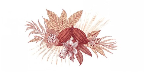 Fototapeta premium Vector graphic of cocoa beans with detailed engraving, highlighting organic origin and aromatic qualities, food processing