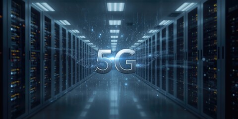 Server room background with 5G text graphic highlighting digital networks and international finance, World Internet Day
