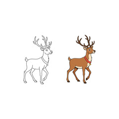 Reindeer illustration shown in outline and fully colored version with clean vector style
