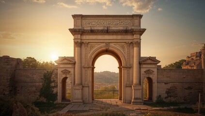 Obraz premium Weathered arches and towering columns of an antique city entrance, emphasizing timeless grandeur for historical themes