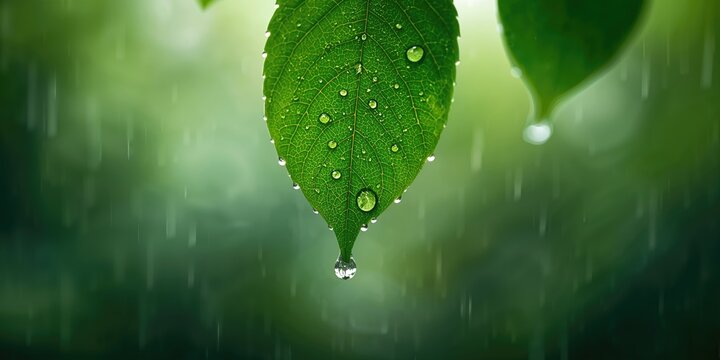 Close-up of a green leaf with raindrops, suitable for fresh wallpaper designs, seasonal renewal - Powered by Adobe