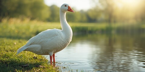 Obraz premium Close-up of a white wild goose by a pond during summer, highlighting bird habitat