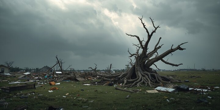 Hurricane aftermath with widespread destruction and debris, damage assessment and recovery efforts