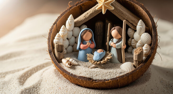 Christmas nativity scene in a coconut shell on a tropical sandy beach with seashells and a starfish. - Powered by Adobe