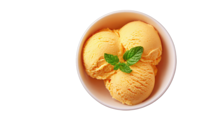 A pale orange dessert with mint leaves in a white bowl against a black background