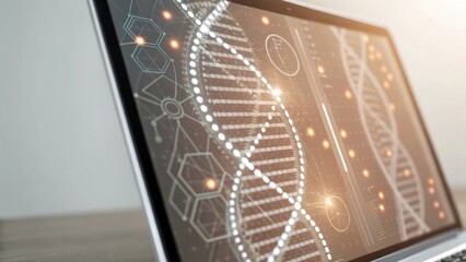 A sleek laptop displays intricate digital patterns resembling DNA, symbolizing advanced technology and scientific exploration.