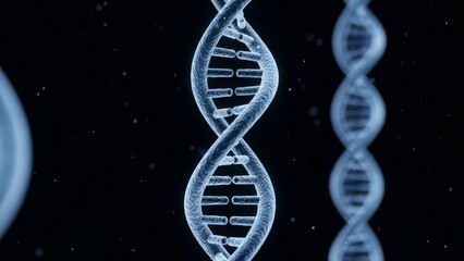 DNA Double Helix Structure in Blue on Black Background with Particles