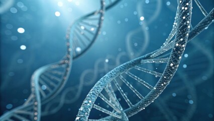 A close-up view of a DNA double helix, illuminated against a blue background, showcasing intricate details and sparkling elements.