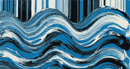 Abstract vertical stripes melting into blue ocean waves. Modern blue and black fluid paint transition background. Glitch art texture with distorted liquid lines and pixel stretch