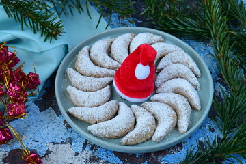 Vanillekipferl, traditional German Christmas cookies. Blue background