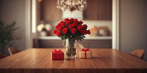 Valentine's Day table setting with roses and gift boxes, floral arrangement for romantic occasion