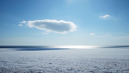 Fototapeta premium Snow-covered terrain under a crisp blue sky with a lone cloud, ideal for winter-themed layouts