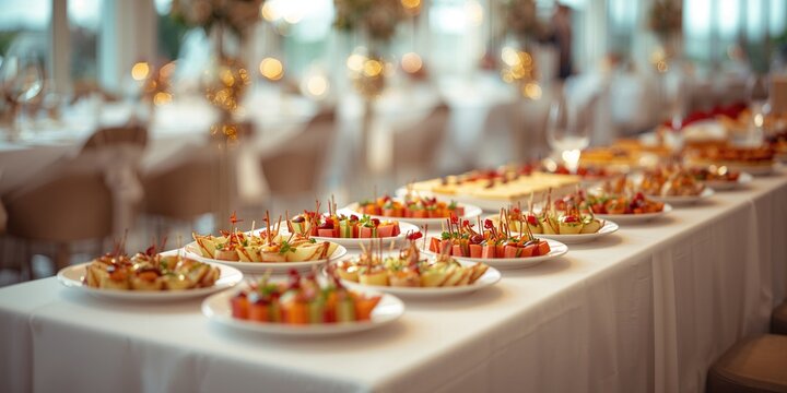 Elegant spread of cold appetizers on a banquet table, ideal for party settings