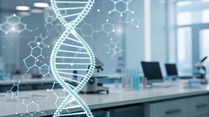 A futuristic lab with a glowing DNA strand, molecular structures, and scientific equipment, showcasing advancements in biotechnology and genetics.