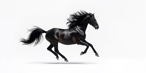 Purebred Spanish horse captured mid-gallop, highlighting muscular build and sleek coat, on white background