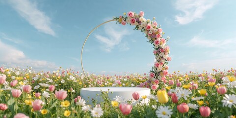 Natural spring flower field used as a backdrop for a natural beauty photo shoot, seasonal change