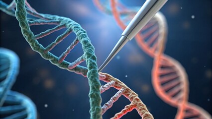 A close-up view of DNA strands being edited with a precision tool, highlighting genetic manipulation and biotechnology.