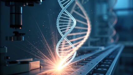 A glowing DNA helix emerges amidst a futuristic laboratory setting, showcasing advanced technology and innovative scientific exploration.