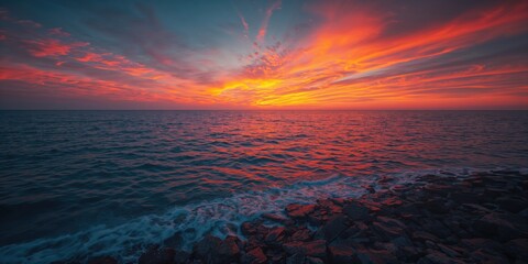 Vivid orange sky over calm blue waters at rugged coast during sunset, ideal for scenic backgrounds