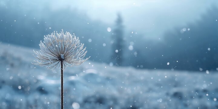 Frost-covered Heracleum weed on a cold winter day, seasonal natural preservation - Powered by Adobe