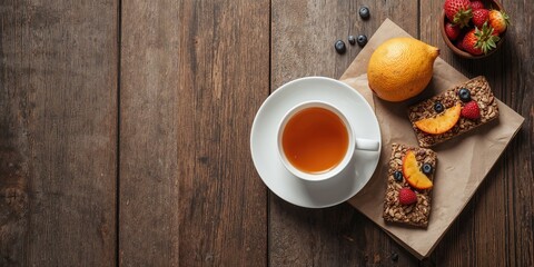 A cup of tea with a few muesli bars, healthy snack options for breakfast or break time