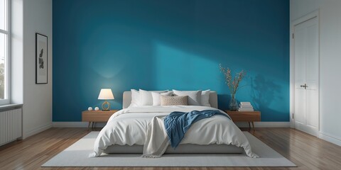 Bedroom in an apartment with a blue wall, used as a UI backdrop for home decor planning