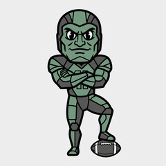 Green Football Player Mascot with Arms Crossed and Foot on Ball.