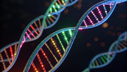 A vibrant, illuminated representation of DNA strands showcasing colorful lights against a dark background.