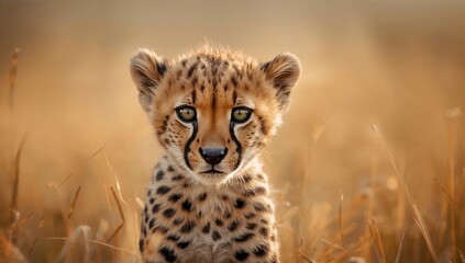 Obraz premium Close up of a young cheetah cub's face highlighting its distinctive markings, animal protection focus