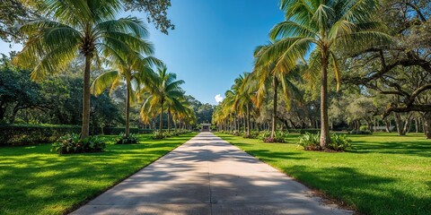 Large landscaped area at a country club in Coral Gables featuring tropical plants and palm trees for recreational use