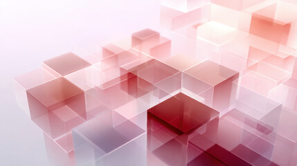 Transparent glass cube architecture with soft pink lighting and reflective surface conveying calm mood