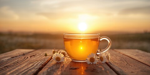 Chamomile tea in a cup bathed in sunset light, suited for evening unwinding, Sunset