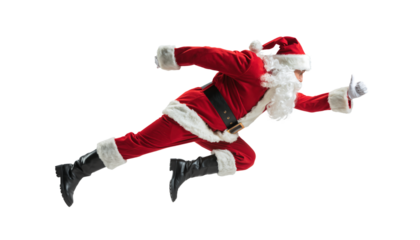 Santa Claus runs quickly while dressed in a red suit with white fur trim, black boots, and a hat in a simple background during the holiday season