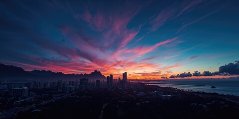 Fototapeta premium Colorful evening sky merging with landscape for editorial header background, seasonal change