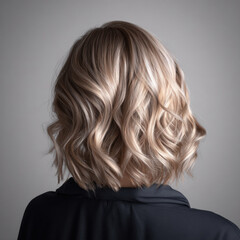 Obraz premium Blonde wavy bob haircut short hair back view shoulder length textured waves studio portrait