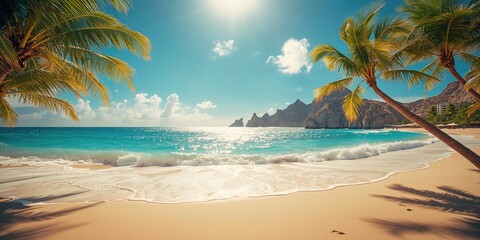 Coastal landscape with sandy beach and azure sea at Cabo de San Lucas, suitable for travel and recreation, World Tourism Day