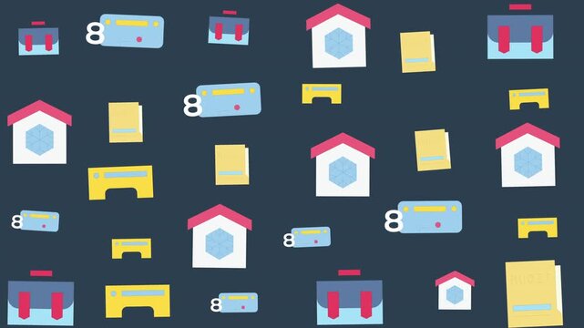 Pattern of colorful toolboxes and houses icons on dark background, graphic design, seamless repeat, flat vector illustration, top view, abstract concept