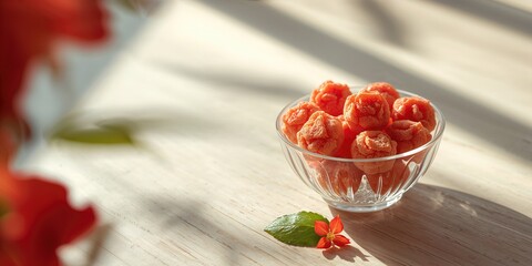 Decorative glass bowl filled with kuping gajah and red flowers, traditional snack serving style