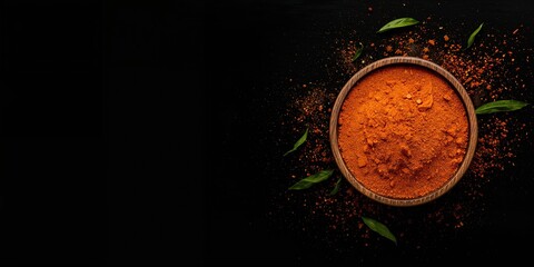 Cinnamon and curry powder arranged on a dark backdrop, intended for food styling or recipe backgrounds