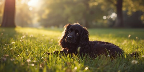 American Cocker Spaniel dog lying in vibrant summer grass, suitable for outdoor pet care backgrounds