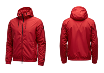 A vibrant cardinal red matte nylon windbreaker jacket styled on an invisible mannequin, featuring ripstop texture and stitching, isolated on a transparent background with copy space concept for